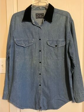 Light Blue Denim Button-Down Shirt with Black Collar